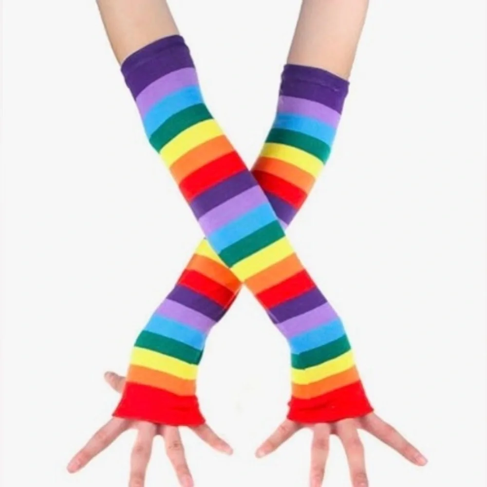 PRIDE Rainbow Knit Fingerless Gloves LGBTQ Sleeve Elbow Ally Striped